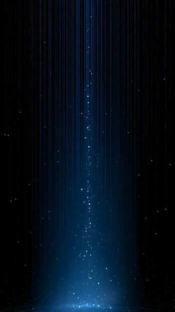 This minimalist wallpaper features an abstract blue light beam with sparkling particles descending from a dark background. It offers a clean, futuristic look perfect for mobile devices