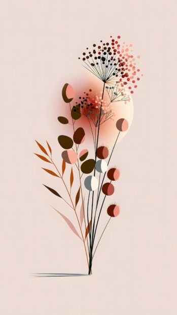 A minimalist wallpaper displaying abstract floral art with stylized plants and dots in soft pink, brown, and white tones. This beautiful design is ideal for mobile devices