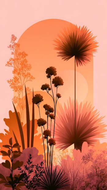 A minimalist wallpaper featuring an abstract jungle scene with stylized plants and foliage in shades of orange, pink, and brown. This vibrant image is great for mobile devices