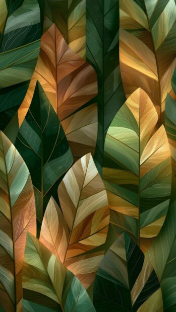 This minimalist wallpaper features an abstract pattern of layered leaves in shades of green, brown, and gold, creating a sophisticated and calming design. It's a perfect minimalist wallpaper for nature-inspired digital backgrounds