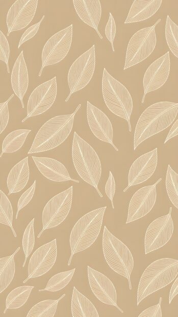 A beautiful minimalist wallpaper showcasing a repeating pattern of stylized white line art leaves on a soft beige background. This design offers a calm and elegant aesthetic