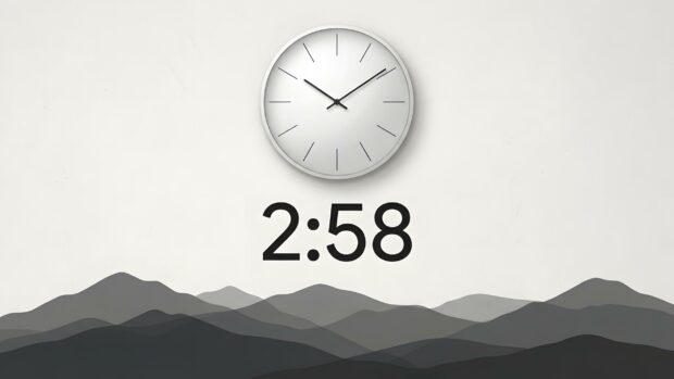 This minimalist wallpaper features a clean white clock and a digital time of 2:58 above serene grey mountain silhouettes. It offers a simple, uncluttered aesthetic for any screen