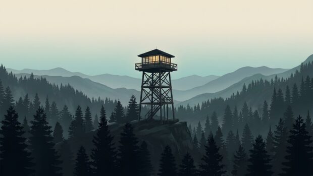 A serene minimalist wallpaper depicting a fire lookout tower standing tall amidst a dense pine forest and distant mountains under a soft, hazy sky. This 2K resolution minimalist wallpaper offers a calm, expansive view