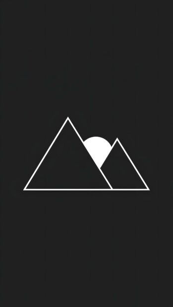 A striking minimalist wallpaper featuring a geometric design of black and white mountains with a half-circle sun, all set against a dark black background. This abstract landscape is clean and modern