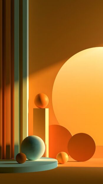 A vibrant minimalist wallpaper featuring a 3D abstract composition of geometric shapes like spheres and cylinders, bathed in warm orange and subtle green light. This design creates a dynamic yet clean look