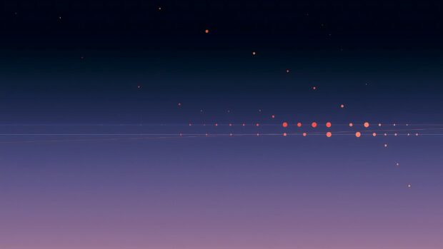 This minimalist wallpaper displays a smooth gradient sky transitioning from purple to dark blue, accented with a horizontal line of small orange dots. It creates a serene and modern desktop background