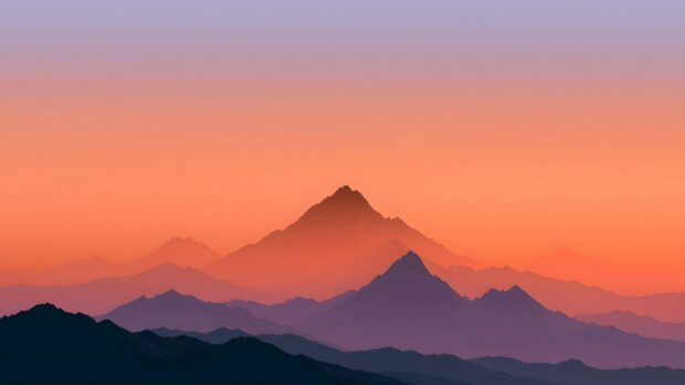 A breathtaking minimalist wallpaper featuring layered mountain ranges silhouetted against a vibrant sunset sky with a smooth orange to purple gradient. This Full HD minimalist wallpaper provides a calming and expansive desktop view