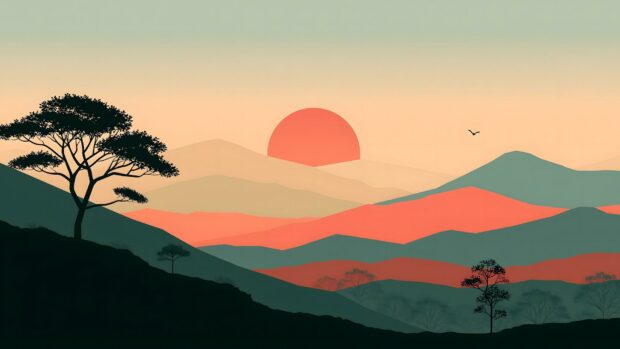 A minimalist wallpaper illustrating a serene landscape with layered mountains, a large red sun setting, and a silhouette of a tree on a hill. This calming scene is perfect for desktop backgrounds