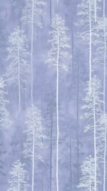 This minimalist wallpaper depicts a stylized misty forest with white and grey tree silhouettes against a light purple background. It offers a calming and abstract natural scene