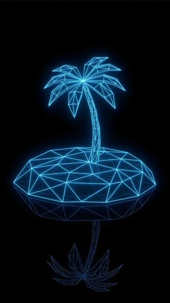 This minimalist wallpaper features a futuristic neon blue wireframe palm tree on a geometric island, set against a dark black background. It's a striking digital art piece perfect for mobile devices