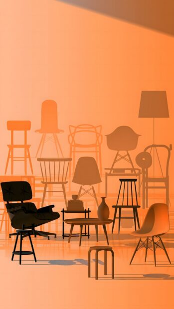 A minimalist wallpaper showcasing a collection of modern chairs, tables, and a lamp in various shades of orange and black. This unique design is suitable for mobile backgrounds
