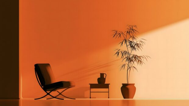 A minimalist wallpaper featuring an orange-toned room with a black modern chair, a small table with a vase, and a tall plant in a pot. This serene image is perfect for a desktop background