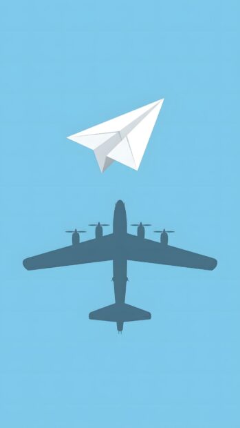 This creative minimalist wallpaper depicts a white paper airplane flying above the dark shadow of a large four-engine aircraft on a serene light blue background. It conveys a sense of flight and imagination