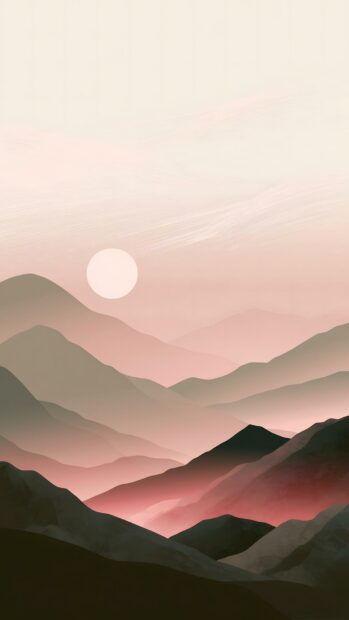 This minimalist wallpaper depicts serene layered mountains in soft pastel pink and red hues, with a large white sun, perfect for a calming mobile background. It offers a beautiful, artistic landscape
