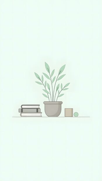 This minimalist wallpaper features a green potted plant next to a stack of books and simple decor on a light mint background. It's perfect for a clean and serene mobile device screen