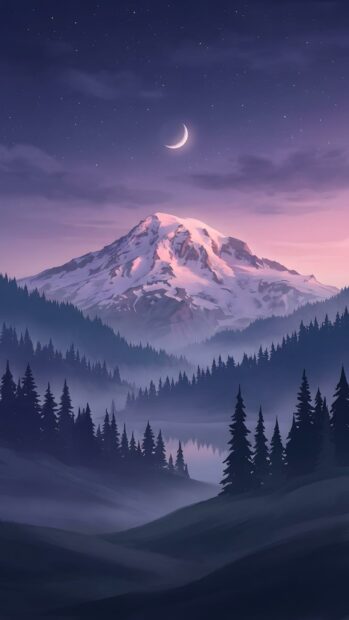 A stunning minimalist wallpaper showcasing a snow-capped mountain under a crescent moon and starry night sky, with misty evergreen forests in the foreground. The purple and pink hues create a serene atmosphere perfect for mobile screens