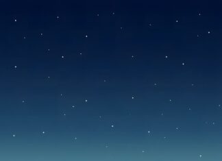 This minimalist wallpaper showcases a stylized night landscape with sparkling stars above majestic mountains and two prominent pine trees. The Full HD minimalist wallpaper features cool blue and teal tones, perfect for mobile