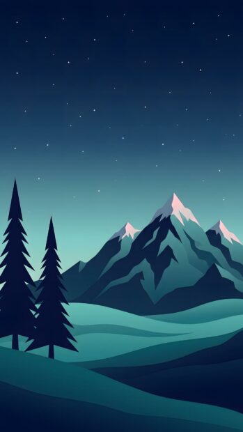 This minimalist wallpaper showcases a stylized night landscape with sparkling stars above majestic mountains and two prominent pine trees. The Full HD minimalist wallpaper features cool blue and teal tones, perfect for mobile
