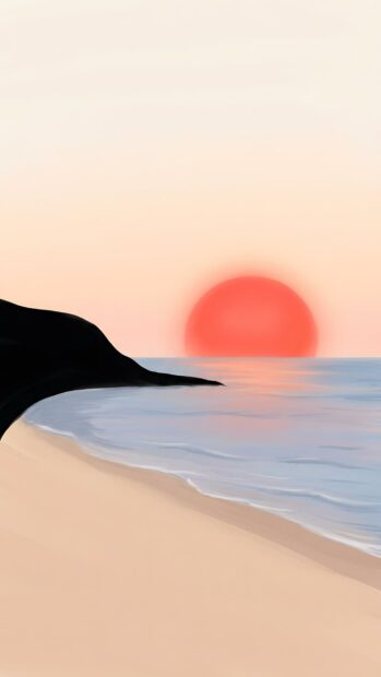 This minimalist wallpaper captures a serene sunset beach scene with a vibrant red sun dipping over the calm blue ocean, a sandy shore, and a dark cliff edge. The soft color palette is very calming