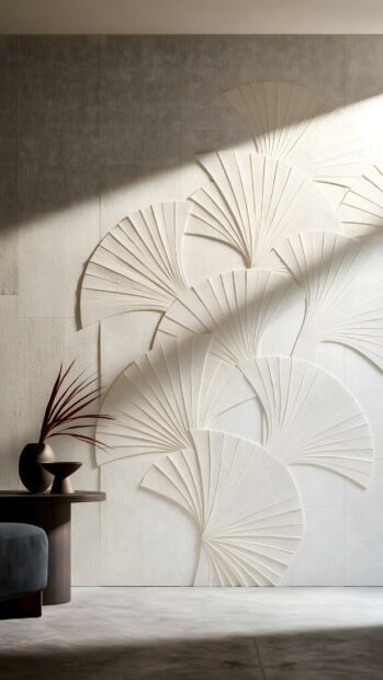 A clean Minimalist Wallpaper featuring a white textured wall with abstract fan-like art installations. A dark vase with a red plant sits on a table, adding a touch of elegance