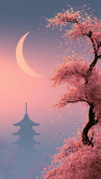 Serene Moon Wallpaper featuring a crescent moon with pink cherry blossoms and a Japanese pagoda