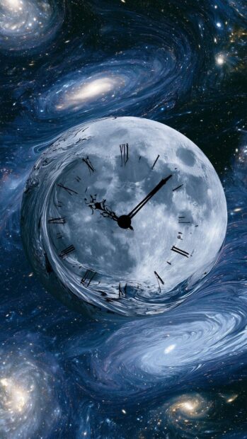 Surreal Moon Wallpaper featuring a clock with Roman numerals on a swirling galaxy background