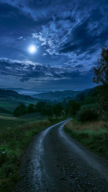 A beautiful moon wallpaper showing a country road winding through a night landscape under a bright moon and cloudy sky