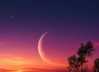 Vibrant Moon Wallpaper with a crescent moon reflecting on a lake during a colorful sunset with purple and orange hues