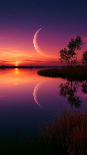 Vibrant Moon Wallpaper with a crescent moon reflecting on a lake during a colorful sunset with purple and orange hues