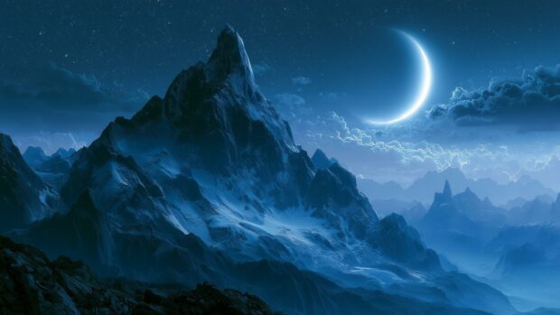 A majestic moon wallpaper featuring a glowing crescent moon over rugged, snow-capped mountains under a starry night sky