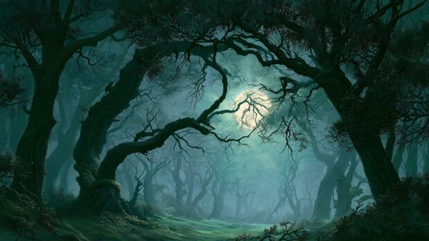 Spooky Moon Wallpaper showing a full moon shining through the gnarled branches of a dark forest