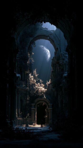 A dark and mysterious moon wallpaper featuring ancient ruins with a large moon visible through an archway