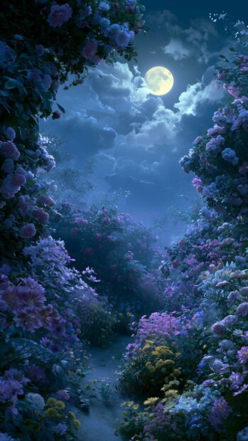 Enchanted Moon Wallpaper featuring a glowing full moon above a magical garden path surrounded by vibrant purple and pink flowers