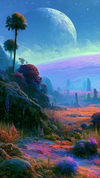 A vibrant fantasy moon wallpaper depicting an alien landscape with colorful plants and a large moon in the sky