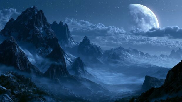 Fantasy Moon Wallpaper depicting a large moon over majestic, misty mountains under a starry night sky