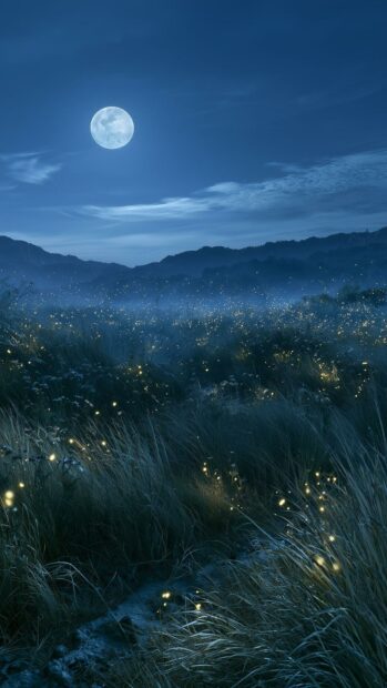 Ethereal Moon Wallpaper depicting a full moon over a field of glowing fireflies and mountains