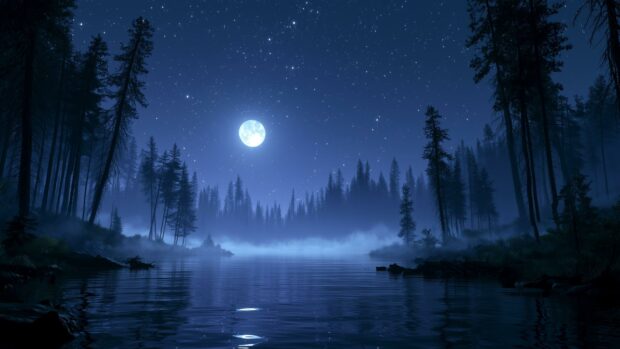 Serene Moon Wallpaper showing a full moon reflecting on a calm lake surrounded by a misty forest under a starry night sky