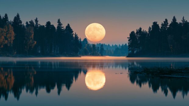A serene moon wallpaper depicting a full moon reflecting perfectly on a calm lake surrounded by a dark, dense forest
