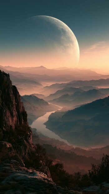 Beautiful Moon Wallpaper showing a large crescent moon over misty mountains and a winding river at sunset
