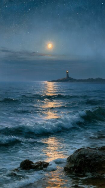 A captivating moon wallpaper depicting a full moon shining over a wavy ocean with a distant lighthouse on an island