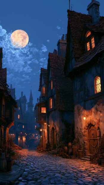 Quaint Moon Wallpaper depicting an old European-style village street with rustic houses under a bright full moon at night