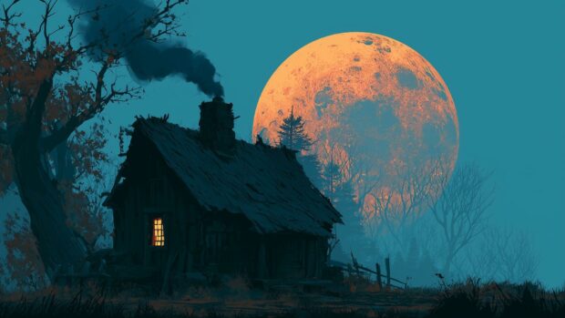 Artistic Moon Wallpaper featuring a rustic cabin with smoke under a large, vibrant orange moon in a teal sky