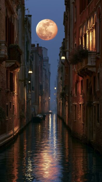 Beautiful Moon Wallpaper of a full moon rising over a narrow Venice canal at night