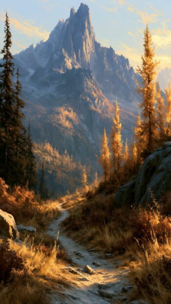 A vibrant mountain wallpaper depicting an autumn path winding through golden trees leading to a majestic sunlit peak