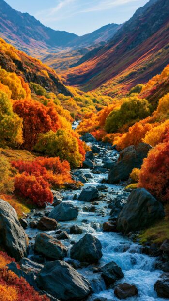 A breathtaking mountain wallpaper depicting an autumn river valley with vibrant orange and yellow foliage