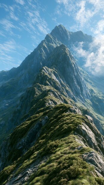 A dramatic mountain wallpaper showing a grassy, rugged ridge leading to a majestic peak under a clear blue sky