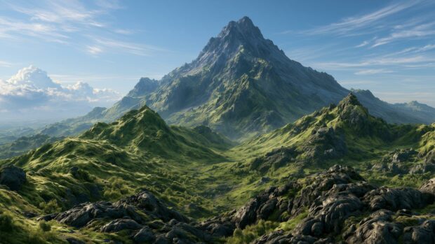 A stunning mountain wallpaper featuring a majestic peak surrounded by lush green valleys under a clear blue sky