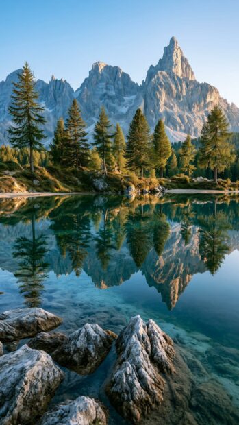 A beautiful mountain wallpaper featuring a serene lake reflecting pine trees and majestic peaks under a clear blue sky