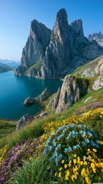 A picturesque mountain wallpaper featuring rugged peaks, a serene blue lake, and a foreground filled with colorful wildflowers