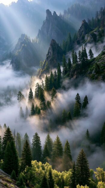 A serene mountain wallpaper depicting a misty forest with sun rays filtering through the fog and tall pine trees
